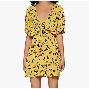 BCBGENERATION | FLORAL TIE FRONT OPEN BACK  MUSTARD DRESS WOMEN'S SIZE S…